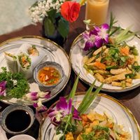 Vegan Braised Tofu with Satay Sauce, Stir-Fried Gizzard with Five Colours, Ha Noi Fresh Rolls, Mango and Strawberry Juice at Madame Yen - Maybe closed in Hanoi