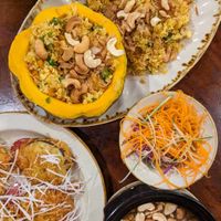 Vegan Pumpkin Fried Rice, Braised Tofu with Cashew Nuts, Eggplant and Coconut at Madam Tran Restaurant & Cooking Class in Hanoi