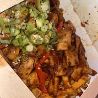 Vegan fire cracker chickn with half rice and half Tokyo chips   at Suru  in Bury