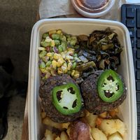Edamame succotash, collards, fritters, and potatoes at Greene's Farmhouse Foods in Milledgeville