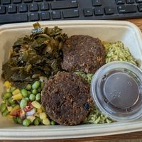 Edamame succotash, collards, fritters, and Greene rice at Greene's Farmhouse Foods in Milledgeville