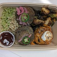 Fritters with two types of rice, brussels sprouts and sweet potatoes
 at Greene's Farmhouse Foods in Milledgeville