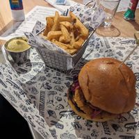 Vegan chicken burger with fries and vegan curry mayo at Left Field Brewery in Toronto