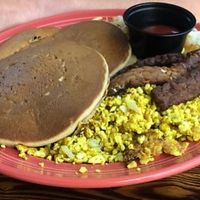 Pancakes, hash browns and scrambled tofu with tempeh bacon at The Grain Cafe in Los Angeles