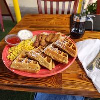 Waffles with tempeh bacon, hash browns, and tofu scramble. Yummy. at The Grain Cafe in Los Angeles
