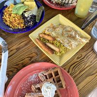 Waffle deluxe, huevos rancheros, chocolate crepe, lemonade and coco paradise   at The Grain Cafe in Los Angeles