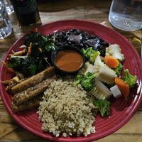BYO Bowl Basic 5: Sea Veggies, Veggie of the day, quinoa, black beans, tempeh, and salad roja. Topped woth some more hot sauce(delicious)! at The Grain Cafe in Los Angeles