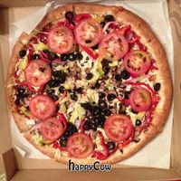 Veggie gourmet pizza topped with daiya cheese at RedBrick Pizza in Bakersfield