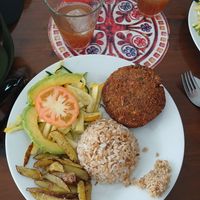 Curried lentil burger with rice and vegetable salad. Sweet coconut on the side at Govindas in Santa Marta