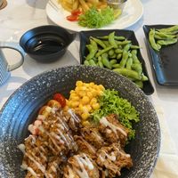 Karaage rice bowl, edamame, Omni fish and chips  at Niàn Cafe in Langkawi