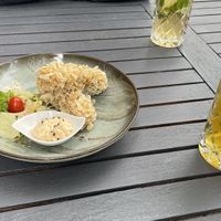 Starter: dragon tofu, with home made Jasmine tea drink on the side    at NI-Vegan in Luebeck