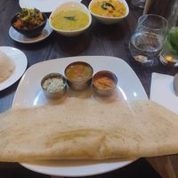 Dosa. Then Sag aloo, Tadka Dal, Korma up top.  at Mallus in Maidstone