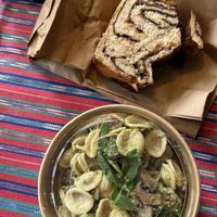 Vegan pasta pesto with mushroom and a kind of cinnamon cake, was really nice!  at Saint-Jean Deli in Amsterdam