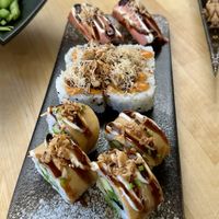 Sushi assortment (flamed bacon, crunchy chicken and flamed beef truffle)  at NORI | Vegan Sushi - Wok in Rotterdam