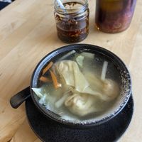 Wonton soup (very tasty) and homemade crispy chili oil (quite good, with sesame)  at NORI | Vegan Sushi - Wok in Rotterdam