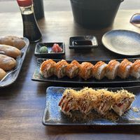 4 pcs Spicy Tuna Roll, 4 pcs Spicy Salmon Roll, 4 pcs Flamed Baecon Roll, 4 pcs Fried Bananaa  at NORI | Vegan Sushi - Wok in Rotterdam