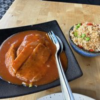 Babi pangang with nasi: quite tasty, but the babi pangang is more like a (chicken-like?) patty and the homemade atjar is very sour but crispy at NORI | Vegan Sushi - Wok in Rotterdam