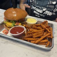 California burger with a side of sweet potato fries at Brick City Vegan in Montclair
