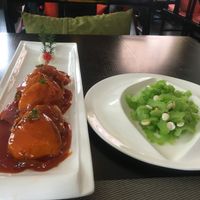 Mock fish dish and bitter melon salad at Buddha's Bite in Beijing