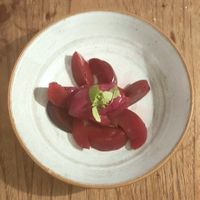 Cherry sorbet with poached pear. at Fold Bistro & Bottle Shop in Stockport