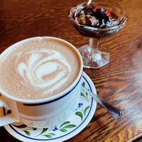 Hot chocolate and mousse 💜  at Distant Days  in Helsinki