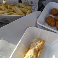 Vegan nuggets, vegan battered sausage  at Fred's Fish and Chips in Littlehampton
