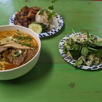 Spicy noodle soup and pork belly at Van Hanh Restaurant in Portland