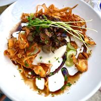 Smoked Maitake Mushroom on a coconut purée with crispy carrots, celery, and a date reduction   at Rat's Restaurant in Hamilton