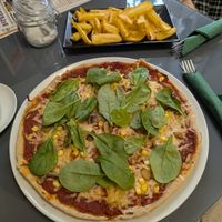Vegan pizza and potato wedges at Be Free in Goedoello