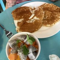 Requested pancakes to be made vegan - specify no milk, eggs or honey. They were a bit crumbly but texture was actually good and they tasted great!   at Mama Tia's in Nong Khiaw