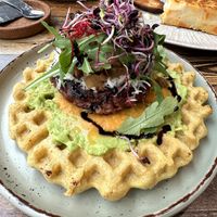 Gluten-free savoury waffle with beyond meat burger (vegan) at Berguna Gluten Free in Valencia
