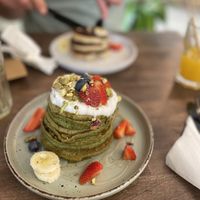 Matcha y pistachio pancakes & Nutelle pancakes, they were DELICIOUS!! 😍😍  at Berguna Gluten Free in Valencia