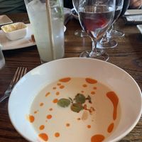 Creamy garlic soup  at Orzo Kitchen & Wine Bar in Charlottesville