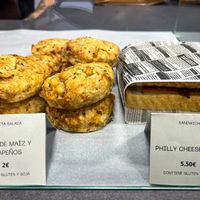 Corn + Jalapeño scones and Philly cheese steak sandwich  at Kēks  in Mallorca