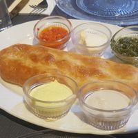 Bread with dips - yum! at Eucalyptus in Jerusalem