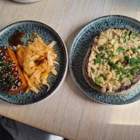 Korean Fried Tofu, Kimchi Slaw and Stuffed Mushroom, Cashew Crumble at Freckled Angel in Menai Bridge
