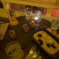 Yuca dumplings (vegan), deep fried local cheese with pineapple jam (veggie)  at Alquímico in Cartagena