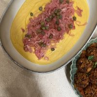 Fava bean dip w/ caramelized onions  at SOYBIRD - Vegan Cooking Experience in Athens