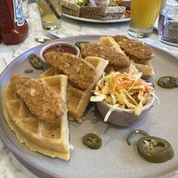 Vegan chicken and waffles. They use gardein chicken strips. Glad we tried it, but probably won’t order  again  at Evviva - Wellesley in Toronto