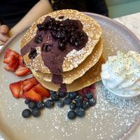 Fluffy vegan pancakes  at Evviva - Wellesley in Toronto