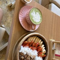Hot matcha oat milk and açaí medium bowl  at Veganlicious, Vegan Smoothie Bowl and Juice in Seminyak