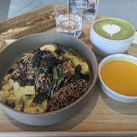 Endomame noodles with potato salad, side soup, and matcha latte (almond milk) at Alchemy Tokyo -Azabudai Hills - アルケミー in Tokyo