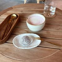 Pink latte and coconut chocolate 💜  at Alchemy Tokyo -Azabudai Hills - アルケミー in Tokyo