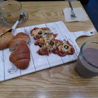 Ginger tea, red bean bread, salty bread, pizza, chocolate drink at Rainbow Crust in Busan