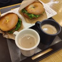 Bagel Burger Sandwiches and Oatmeal Soy Coffee at Rainbow Crust in Busan