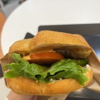 Cream cheese bagel with soypatty  at Rainbow Crust in Busan