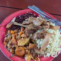 Soy meat, rice, beans at Comedor Pa' mi gente in Leon