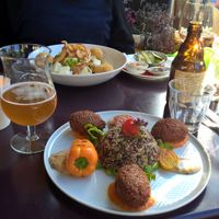 Köfte balls, good beer, gado gado (Indonesian dish) at Symbiose in The Hague