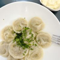 Vegan pelmeni (dumplings) with soya filling, served with vegan mayo at BORSHÖF in Yerevan