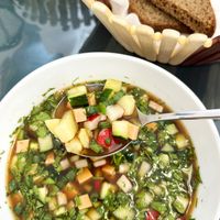 Vegan Okroshka (cooling Russian summer soup) with plant based sausages at BORSHÖF in Yerevan